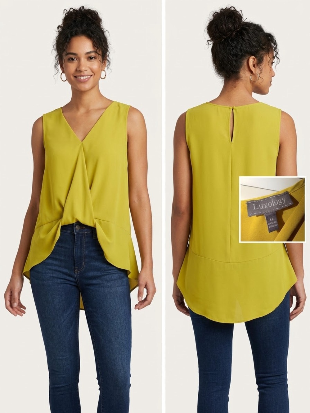 Luxology Women's Sleeveless V-Neck Twist-Front Top in Chartreuse